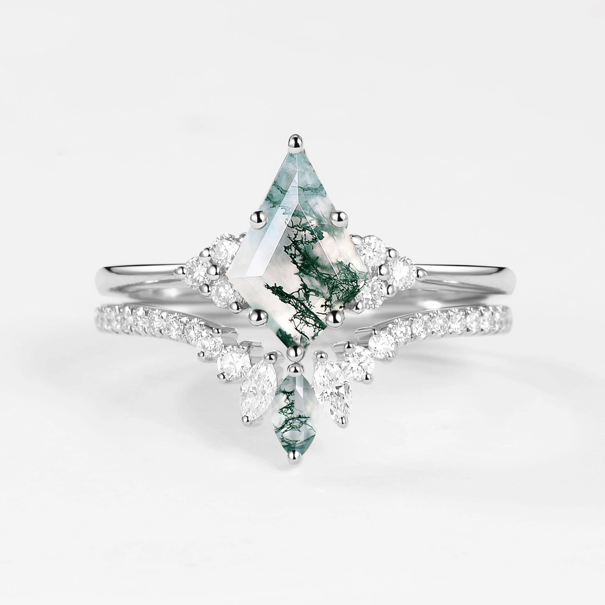 Unique Moss Agate Cluster Engagement Ring Set 2pcs - Lydia Expressive Edge