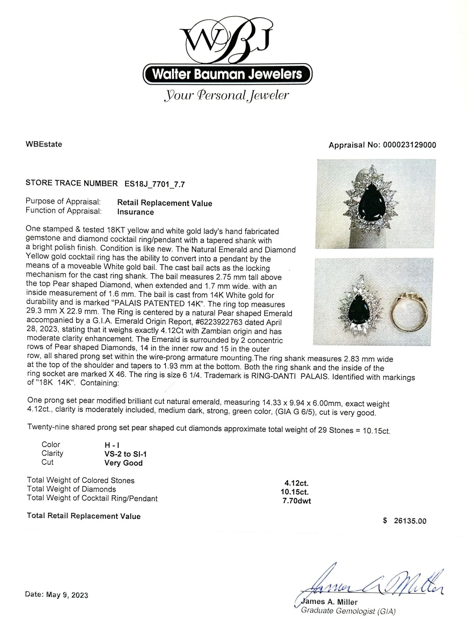 Estate 18K TT Gold 10.15ctw H-I/VS2-SI1 Diamond & 4.12ct Emerald Cocktail Ring GIA#6223922763