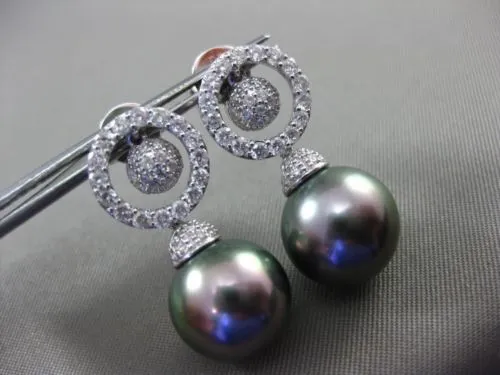 ESTATE .91CT DIAMOND 18KT WHITE GOLD 3D TAHITIAN PEARL CIRCLE OF LIFE EARRINGS