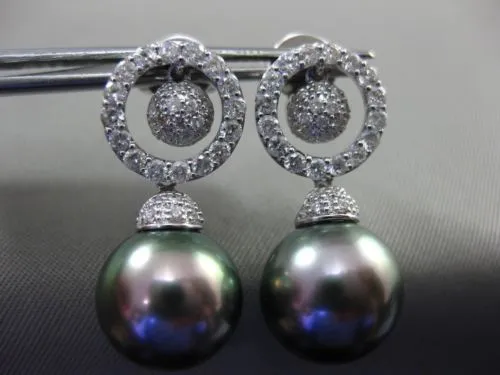 ESTATE .91CT DIAMOND 18KT WHITE GOLD 3D TAHITIAN PEARL CIRCLE OF LIFE EARRINGS