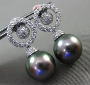 ESTATE .91CT DIAMOND 18KT WHITE GOLD 3D TAHITIAN PEARL CIRCLE OF LIFE EARRINGS