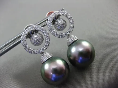 ESTATE .91CT DIAMOND 18KT WHITE GOLD 3D TAHITIAN PEARL CIRCLE OF LIFE EARRINGS