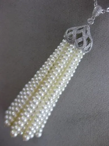 ESTATE EXTRA LARGE .72CT DIAMOND & AAA PEARL 18KT WHITE GOLD 3D TASSLE NECKLACE