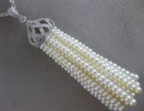 ESTATE EXTRA LARGE .72CT DIAMOND & AAA PEARL 18KT WHITE GOLD 3D TASSLE NECKLACE