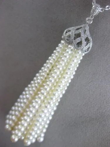 ESTATE EXTRA LARGE .72CT DIAMOND & AAA PEARL 18KT WHITE GOLD 3D TASSLE NECKLACE