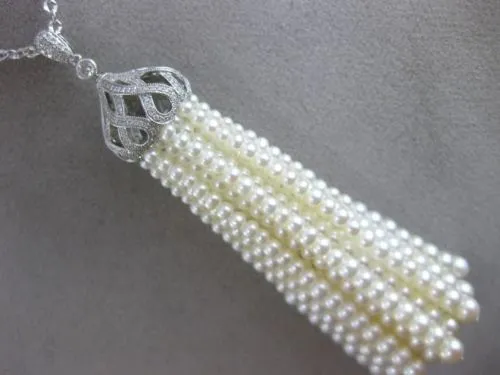 ESTATE EXTRA LARGE .72CT DIAMOND & AAA PEARL 18KT WHITE GOLD 3D TASSLE NECKLACE