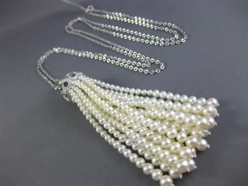ESTATE EXTRA LARGE .72CT DIAMOND & AAA PEARL 18KT WHITE GOLD 3D TASSLE NECKLACE