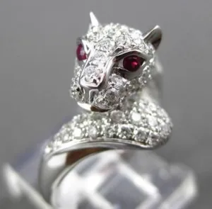ESTATE LARGE 1.08CTW DIAMOND & AAA RUBY 18KT WHITE GOLD 3D PANTHER COCKTAIL RING