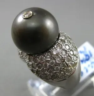 ESTATE LARGE 1.84CT DIAMOND & TAHITIAN PEARL 18K WHITE GOLD ETOILE COCKTAIL RING