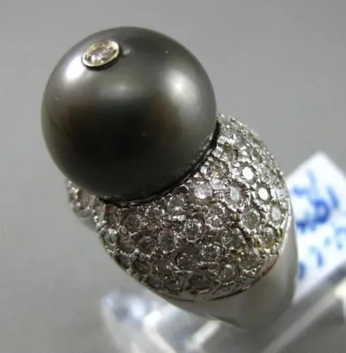 ESTATE LARGE 1.84CT DIAMOND & TAHITIAN PEARL 18K WHITE GOLD ETOILE COCKTAIL RING