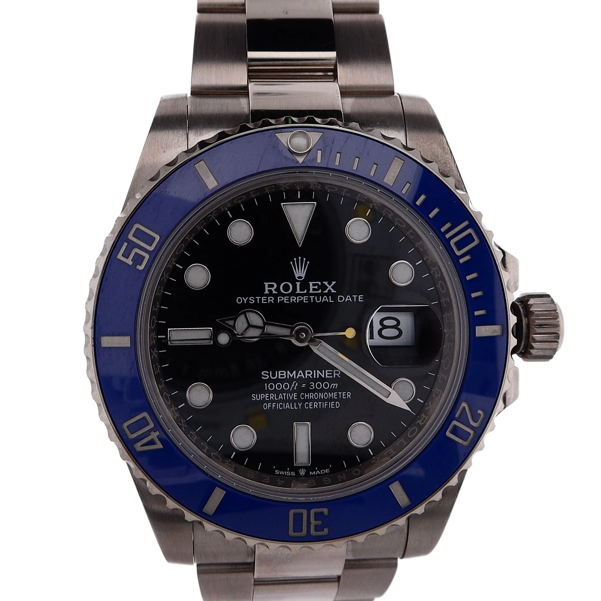 Estate Rolex 18 Karat White Gold Submariner Oyster Perpetual Date 41mm Black Dial Ceramic Blue Bezel Oyster Bracelet 126619LB With Box & Card C.2021