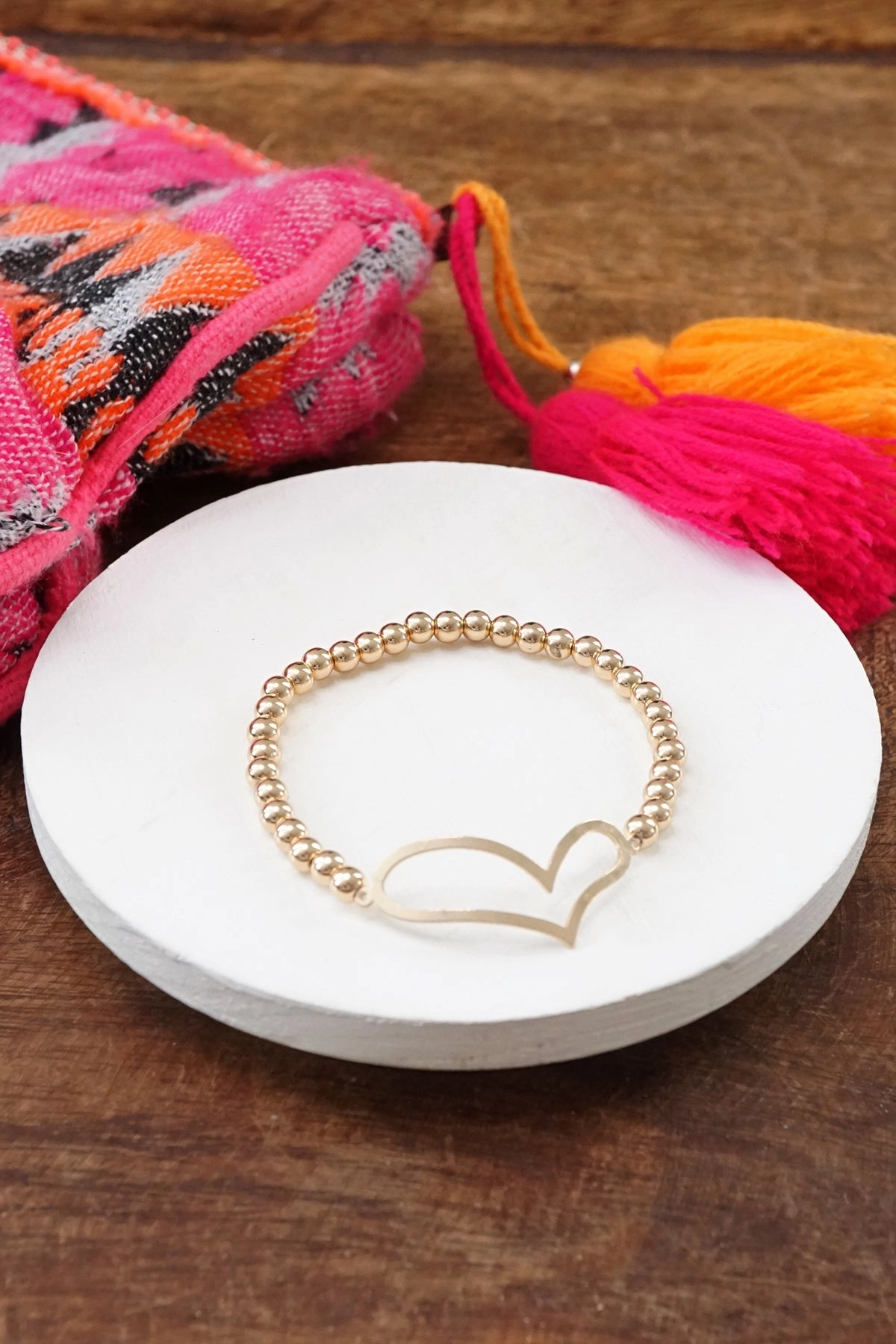 Gold tone beads bracelet with a big cut out Heart cross-cultural Effortless Style