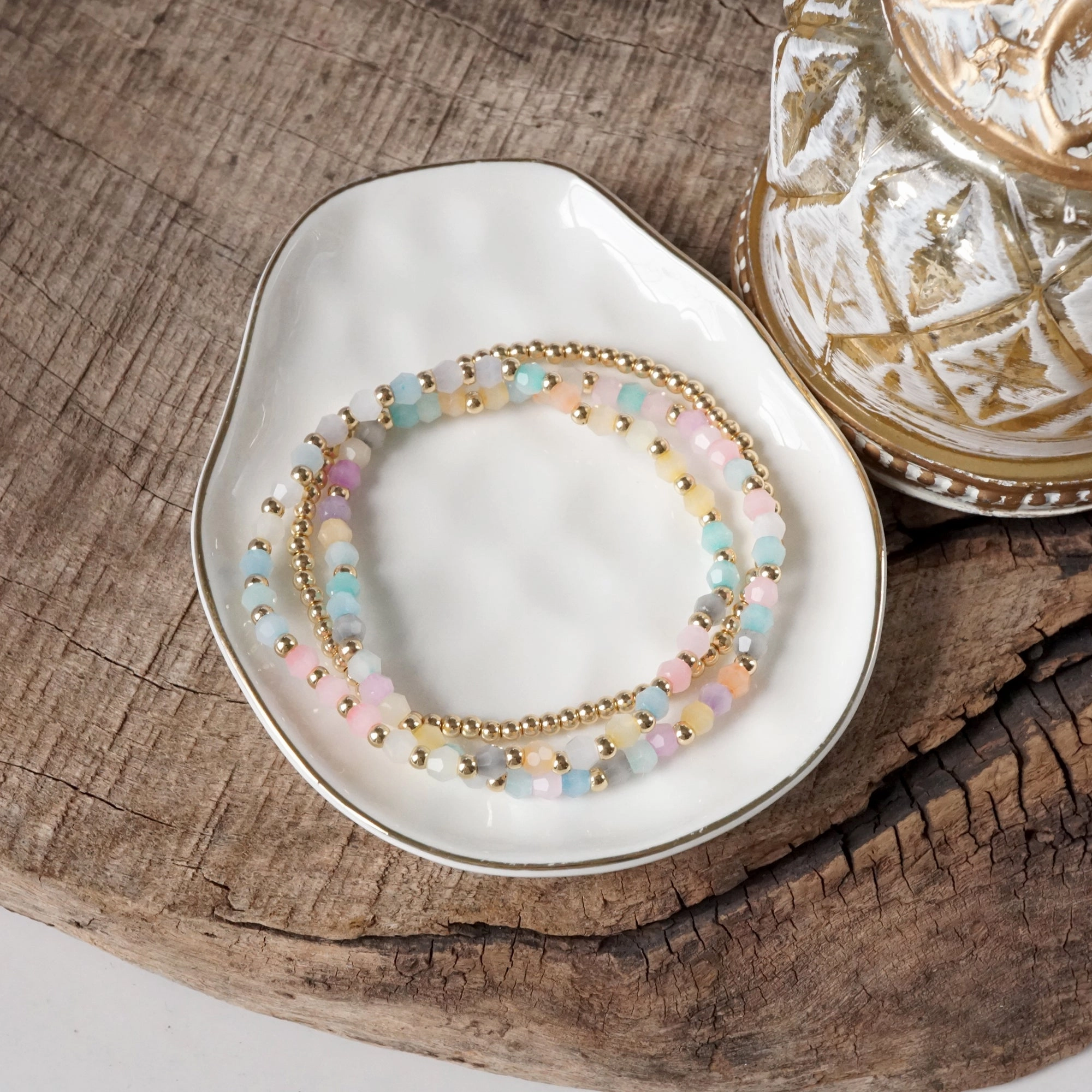 Small Gold tone and Glass beads bracelet stack of 3 bracelets - Pink Mint Multi Optimal Scenario Custom Tale