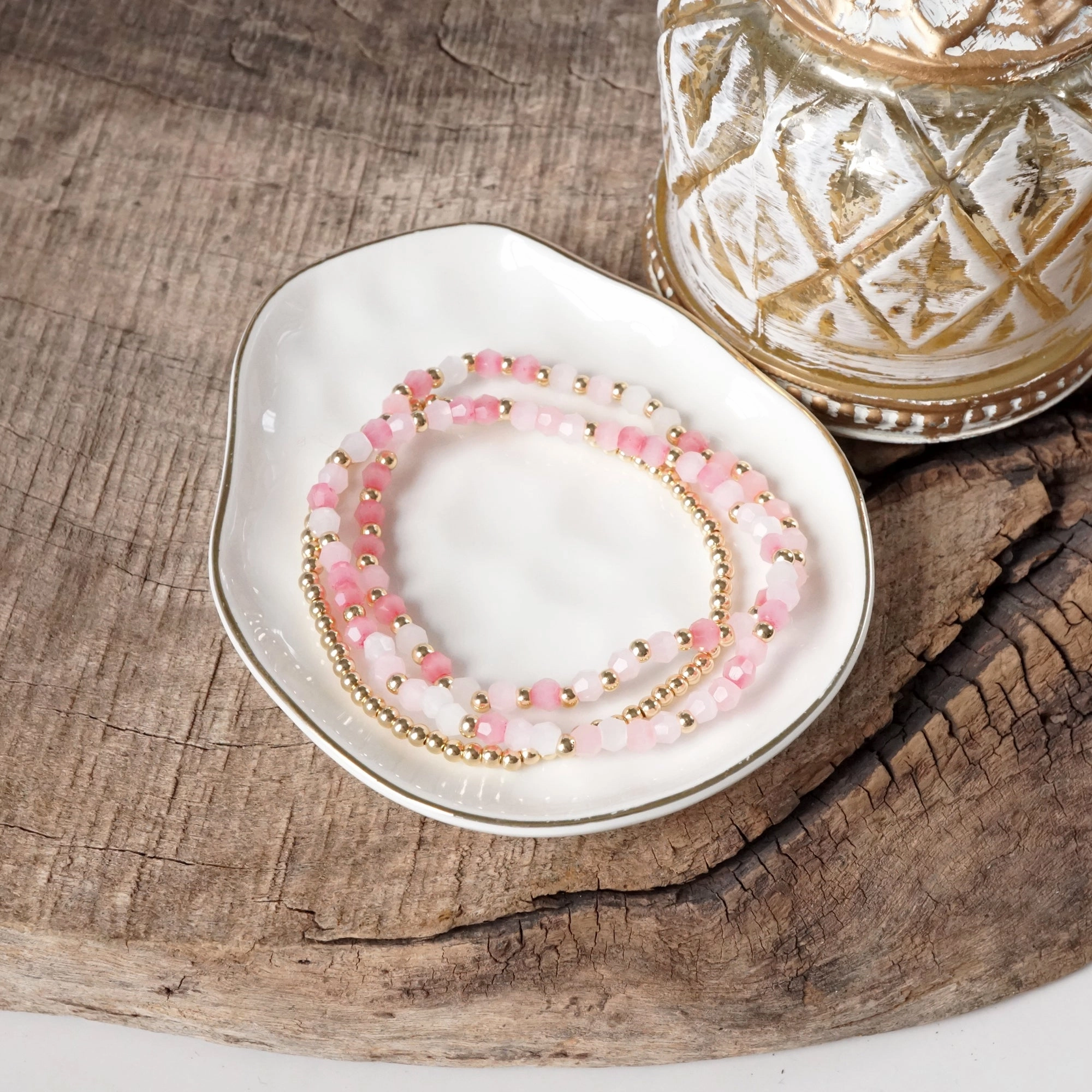 Distinctive Style Small Gold tone and Glass beads bracelet stack of 3 bracelets - Pink Mint Multi