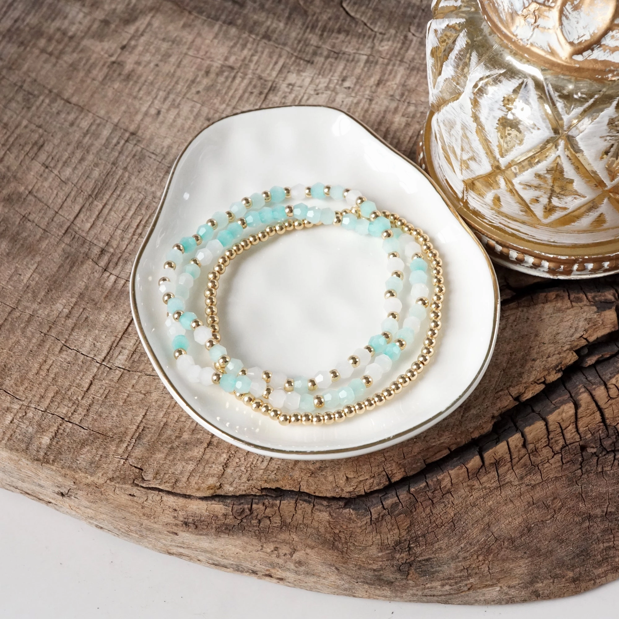 Small Gold tone and Glass beads bracelet stack of 3 bracelets - Pink Mint Multi Confidence booster