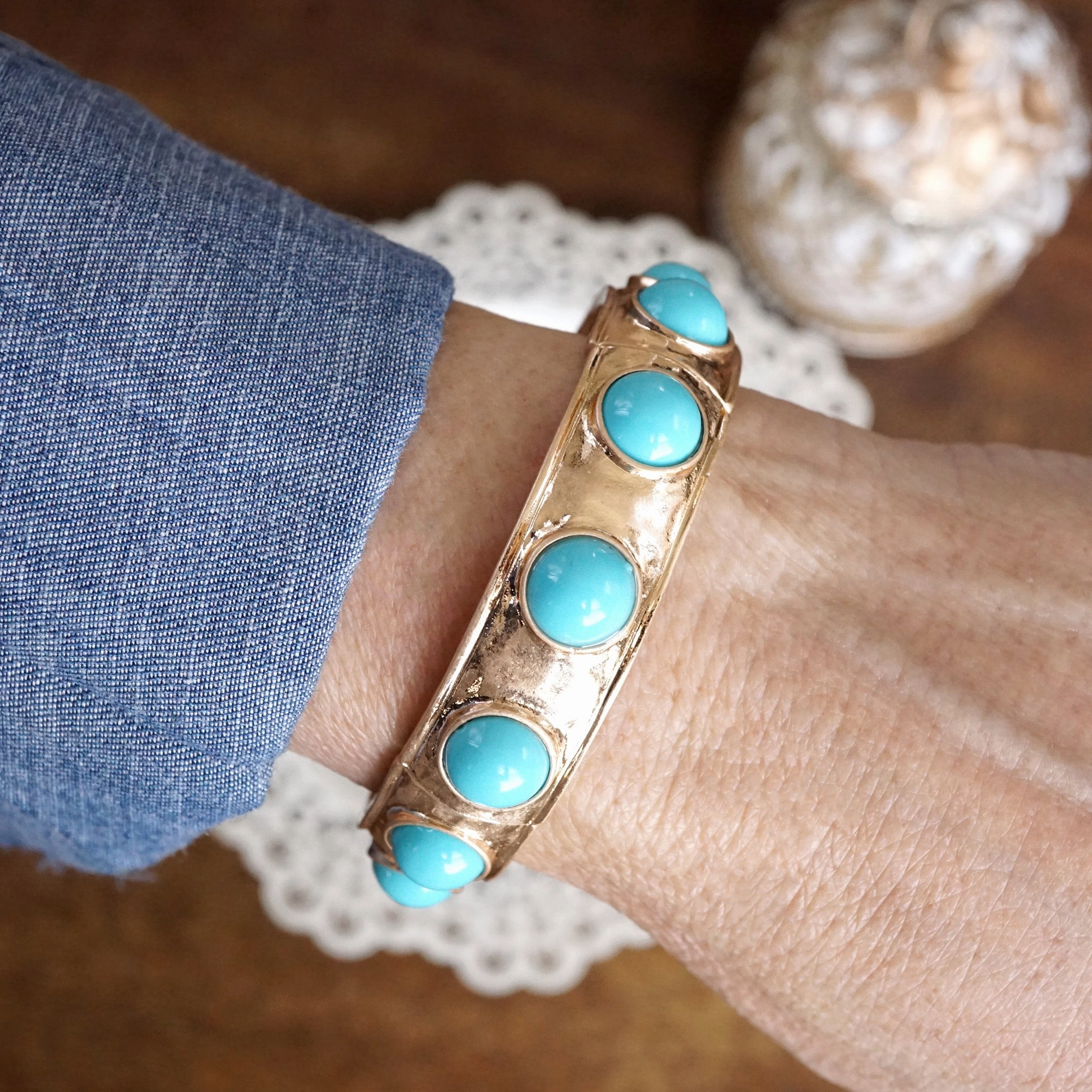 Classically Clear Eternity Statement Bangle Gold Tone Turquoise