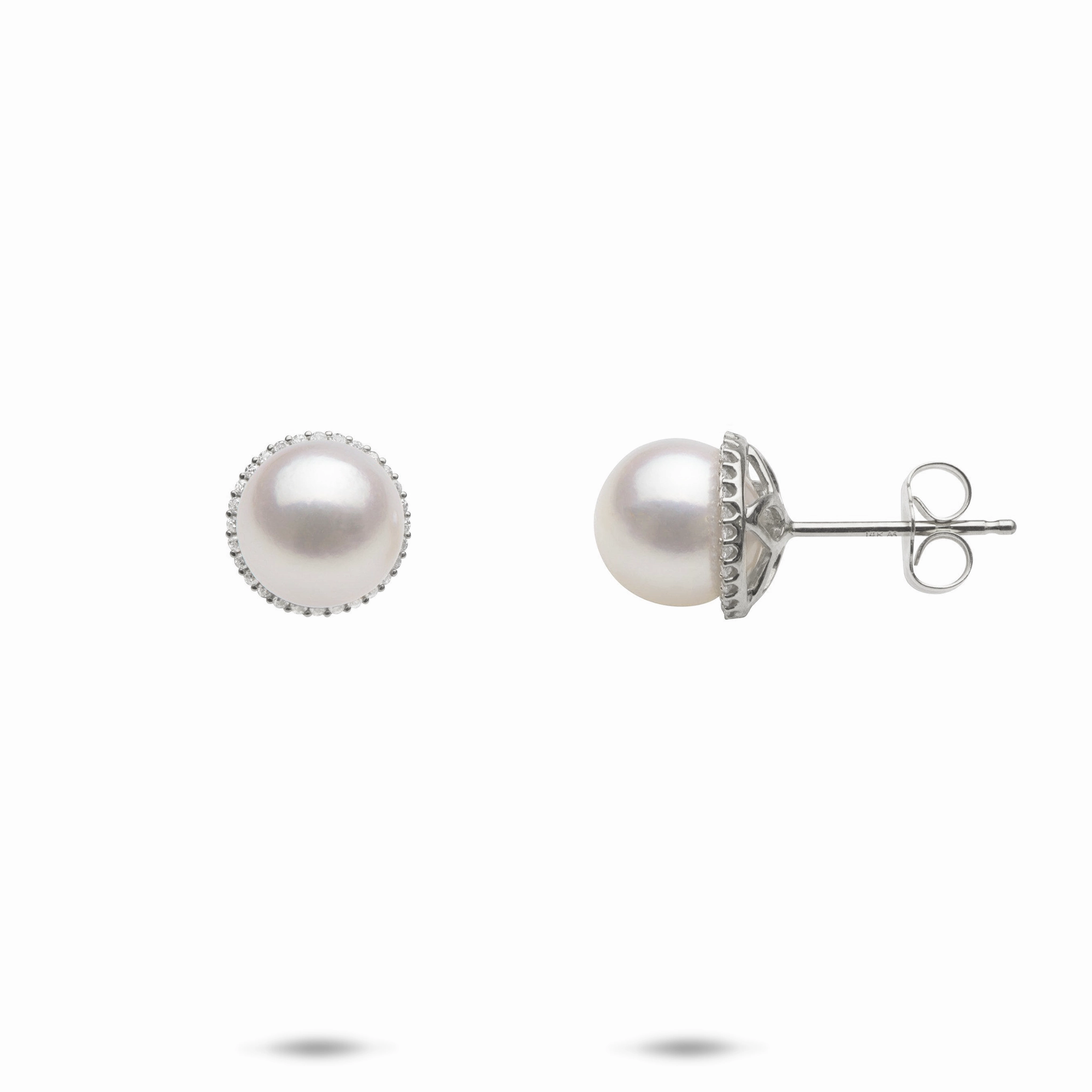 Halo Akoya White Pearl Earrings in White Gold with Diamonds - 8-8.5mm Spring Mood