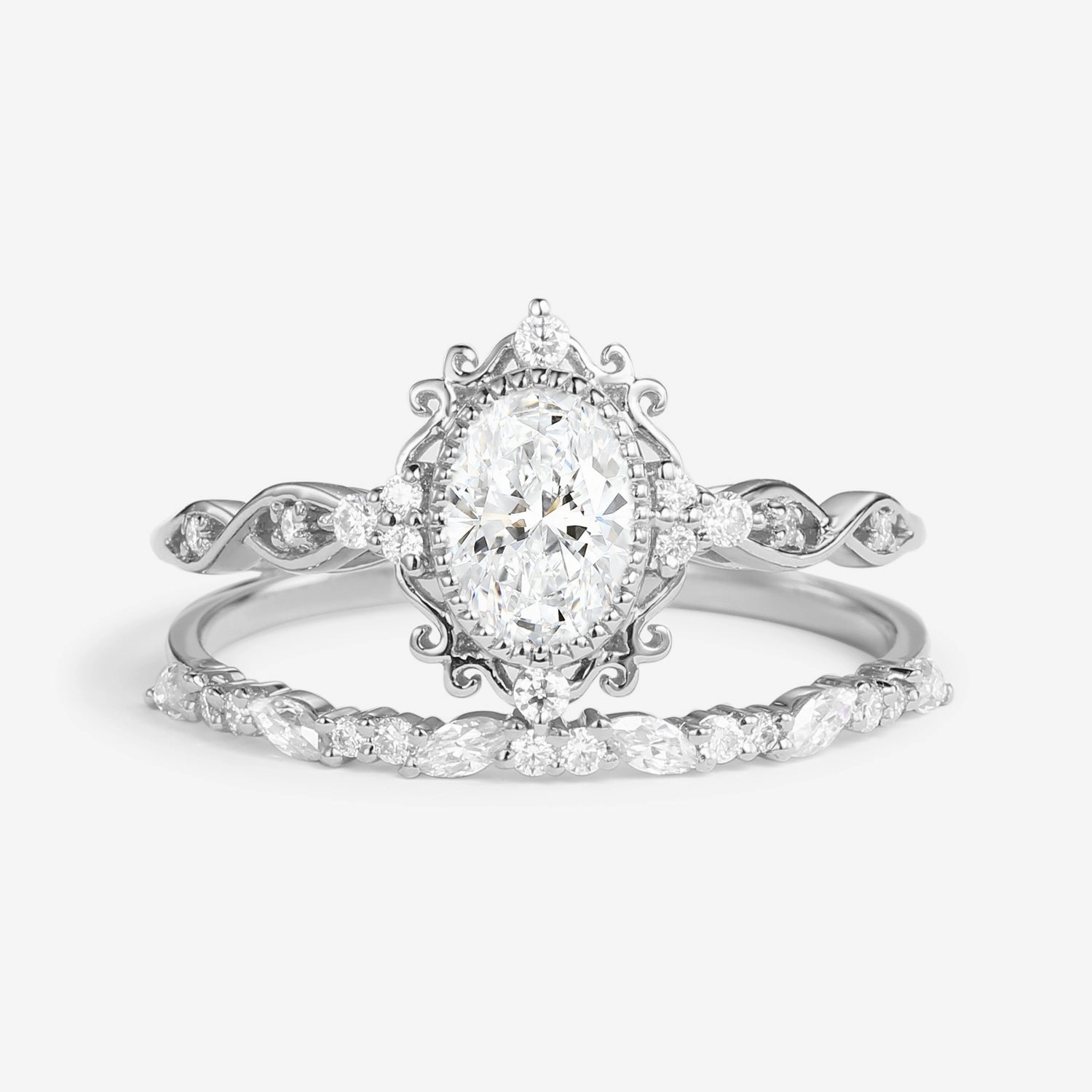 Fresh Edge Celebration Look Vintage Victorian Oval Moissanite Infinity Engagement Ring Set 2pcs - Margaret