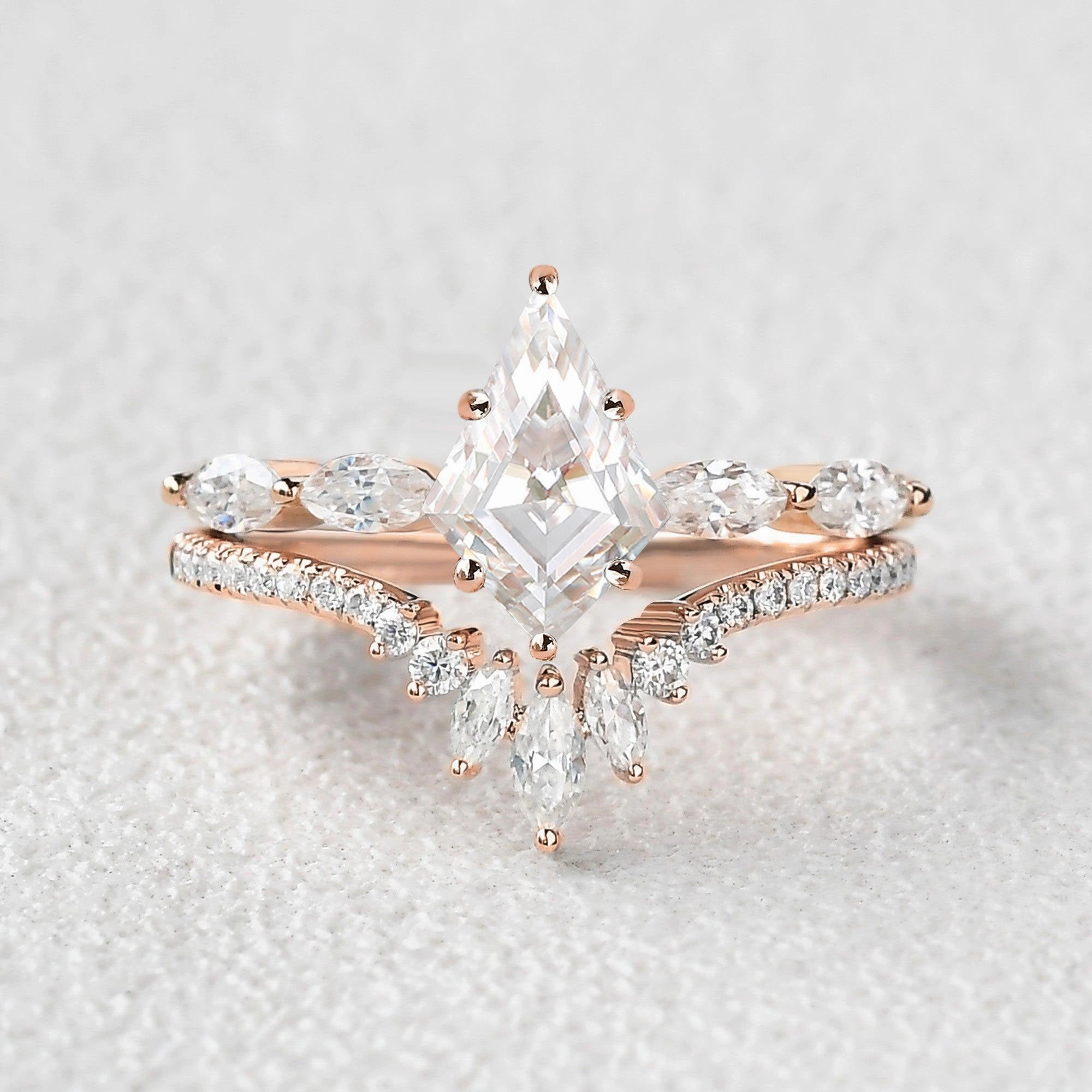 Marquise Staccato Kite Cut Moissanite Engagement Ring Set 2pcs Refined Detailing Shiny Pieces