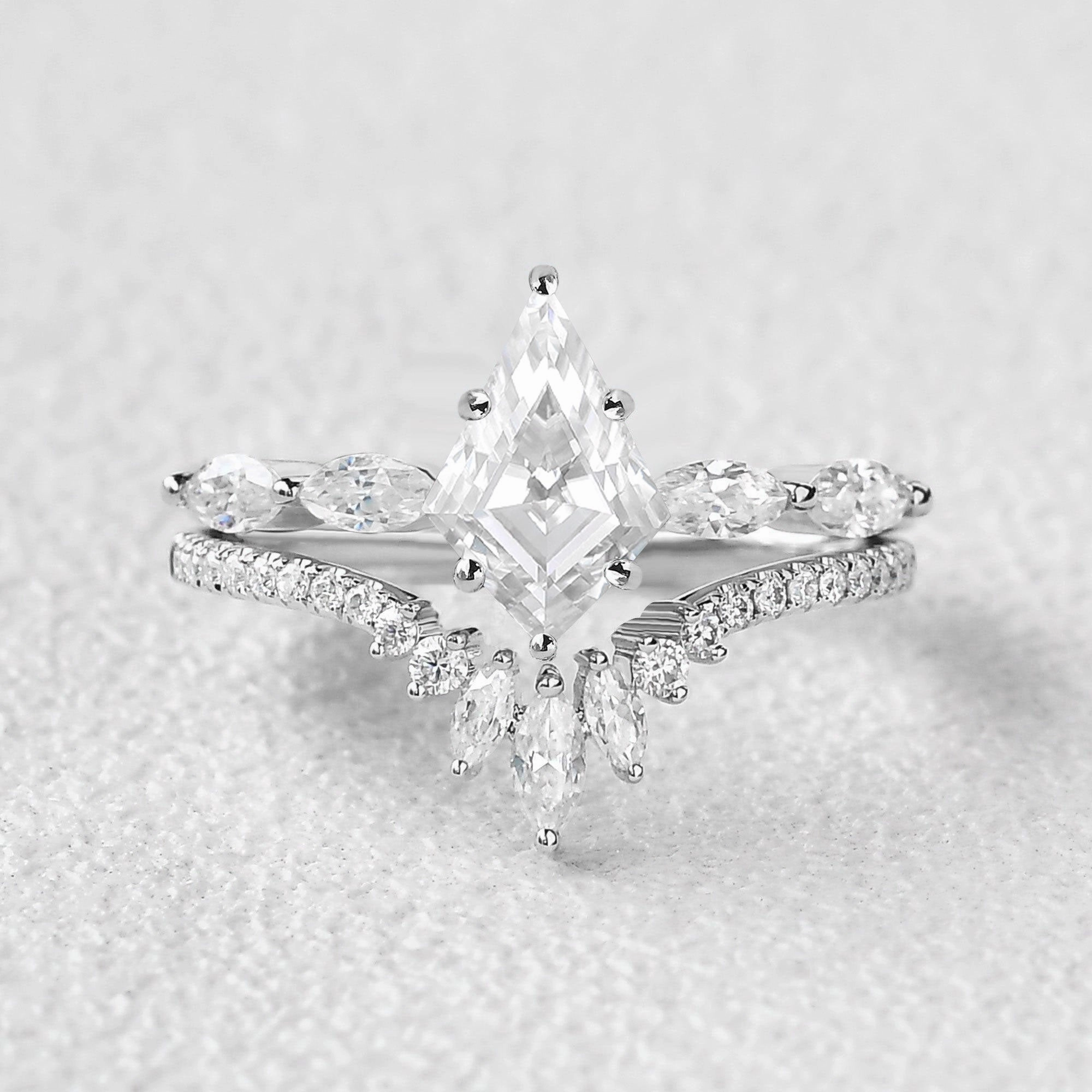 Fashion Edge Weekend Look Marquise Staccato Kite Cut Moissanite Engagement Ring Set 2pcs