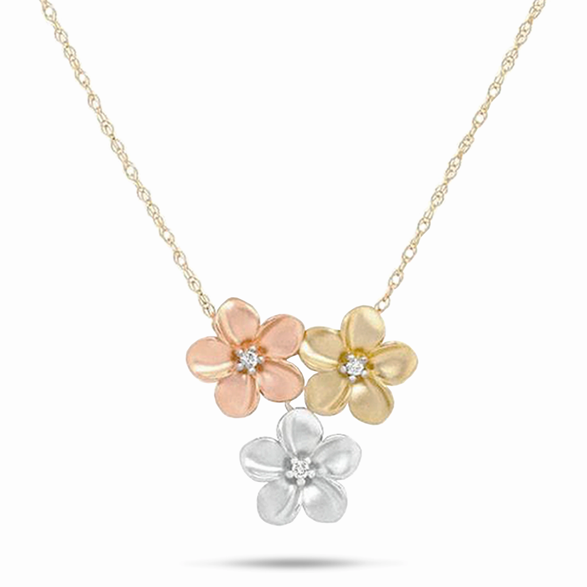 16" Plumeria Necklace in Tri Color Gold with Diamonds - 11mm Contemporary Detail