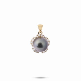 Sophisticated Shine Pieces Plumeria Tahitian Black Pearl Pendant in Gold with Diamonds - 9-10mm
