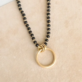 Gift Choice Trendy Piece Long Wooden Bead Necklace with gold circle ring - Black