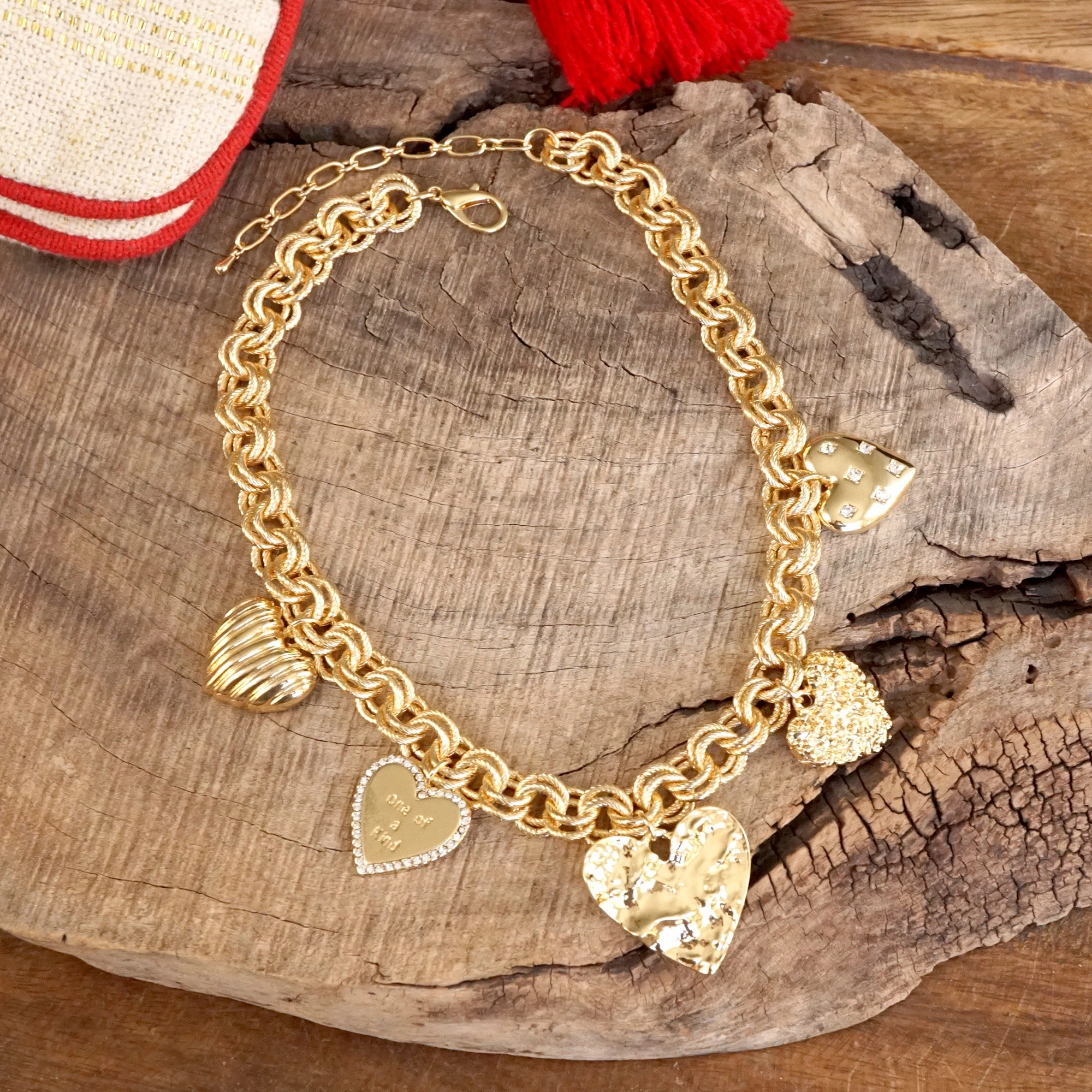 Linked Chain Multi-Heart Bling Charm Statement Necklace ?C Gold Tone