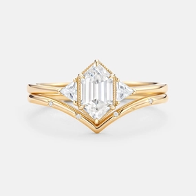 Timeless Flow Long Hexagon Moissanite Engraved Bridal Ring Set 2pcs - Vega