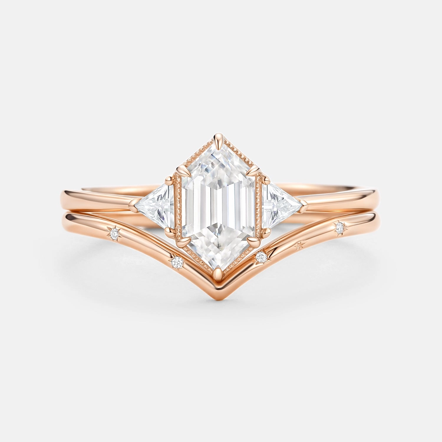 Long Hexagon Moissanite Engraved Bridal Ring Set 2pcs - Vega Effortless Layer Polished Treasures