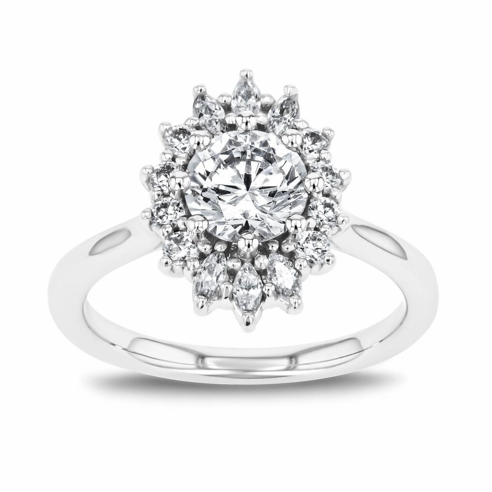 Durable Look Everly Round Lab Grown Diamond Sunburst Halo Engagement Ring