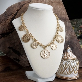 Boho Coin Charms Statement Necklace ?C Gold Tone Mother Style Soft Detail