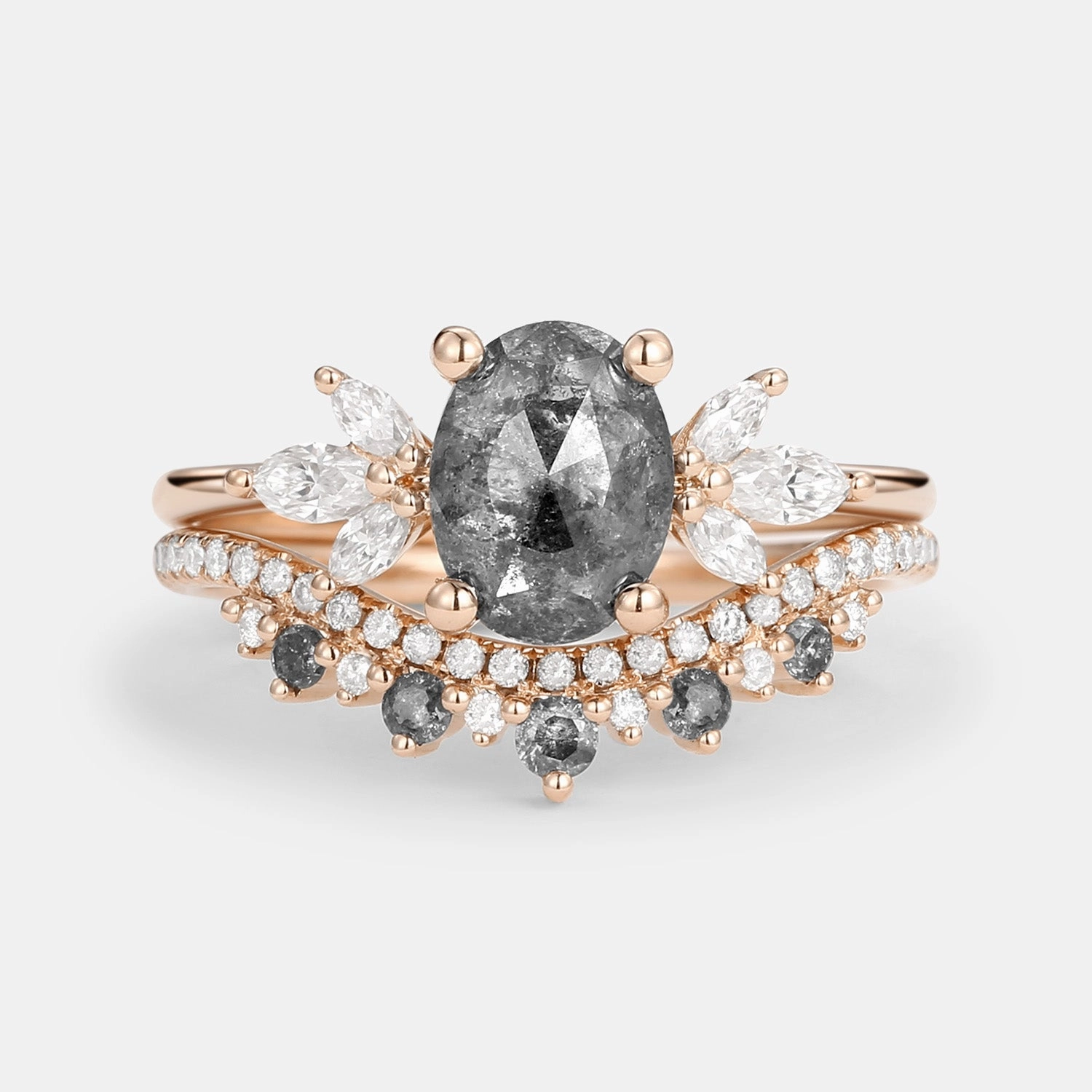 Glamourous Piece All Season Butterfly Fairy Oval Cut Salt and Pepper Diamonds Engagement Ring Sets 2pcs