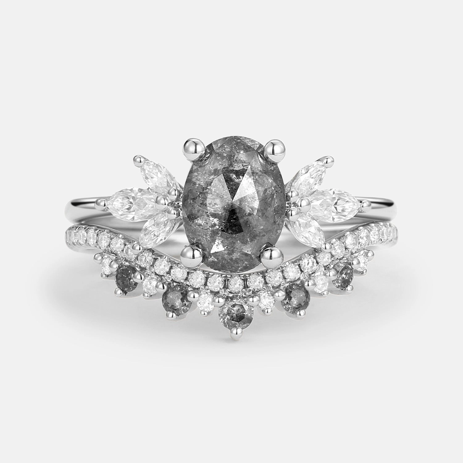 Urban Accent Butterfly Fairy Oval Cut Salt and Pepper Diamonds Engagement Ring Sets 2pcs