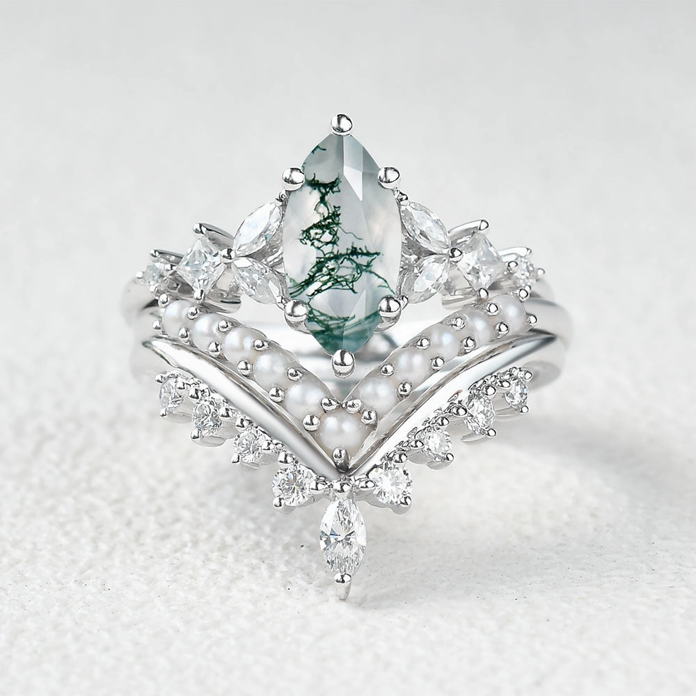 Marquise Moss Agate Pearl-fect Engagement Ring Set 3pcs Occasion Perfect Romantic Occasion