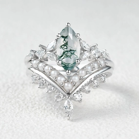 Marquise Moss Agate Pearl-fect Engagement Ring Set 3pcs Occasion Perfect Romantic Occasion