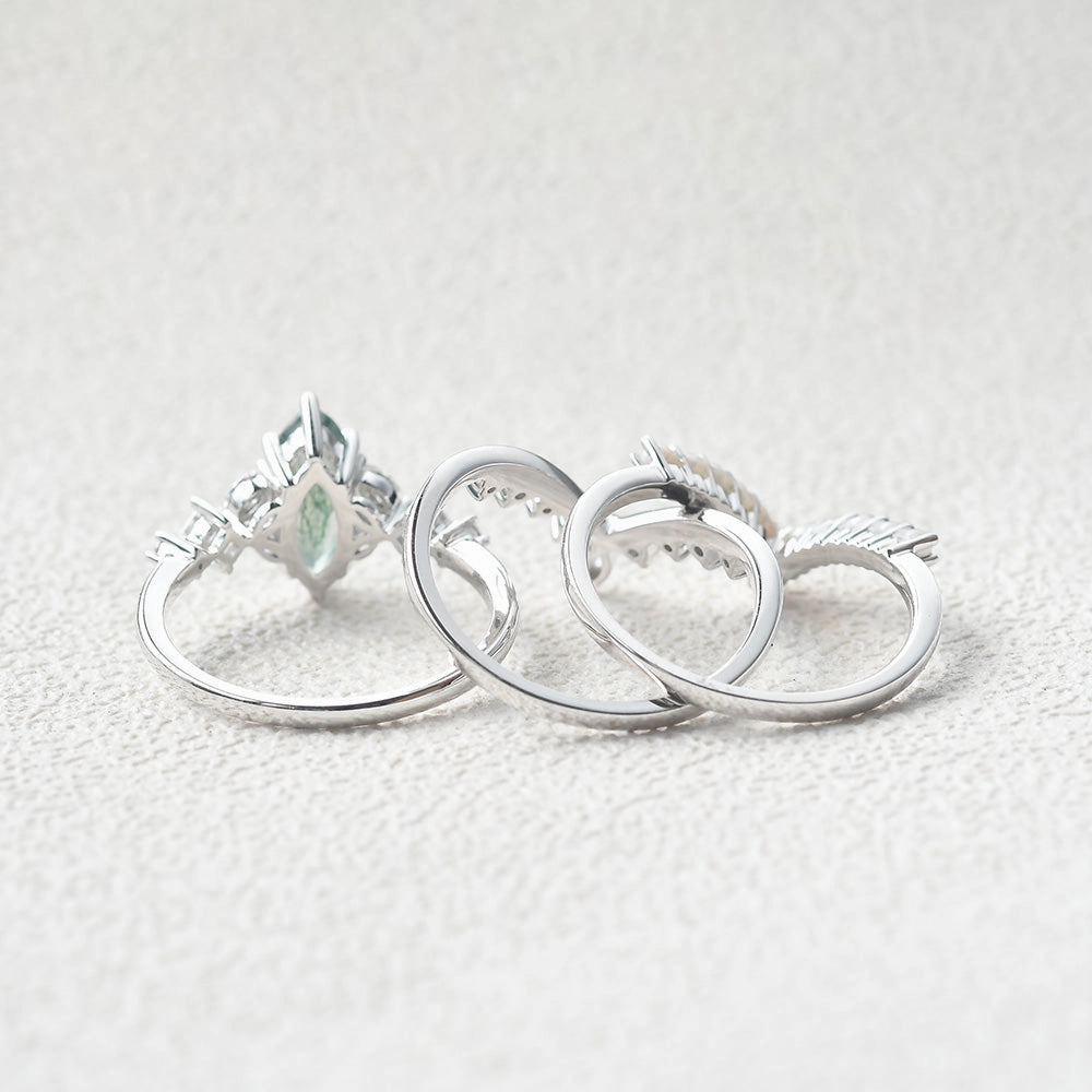 Marquise Moss Agate Pearl-fect Engagement Ring Set 3pcs Charming Radiance Anniversary Present