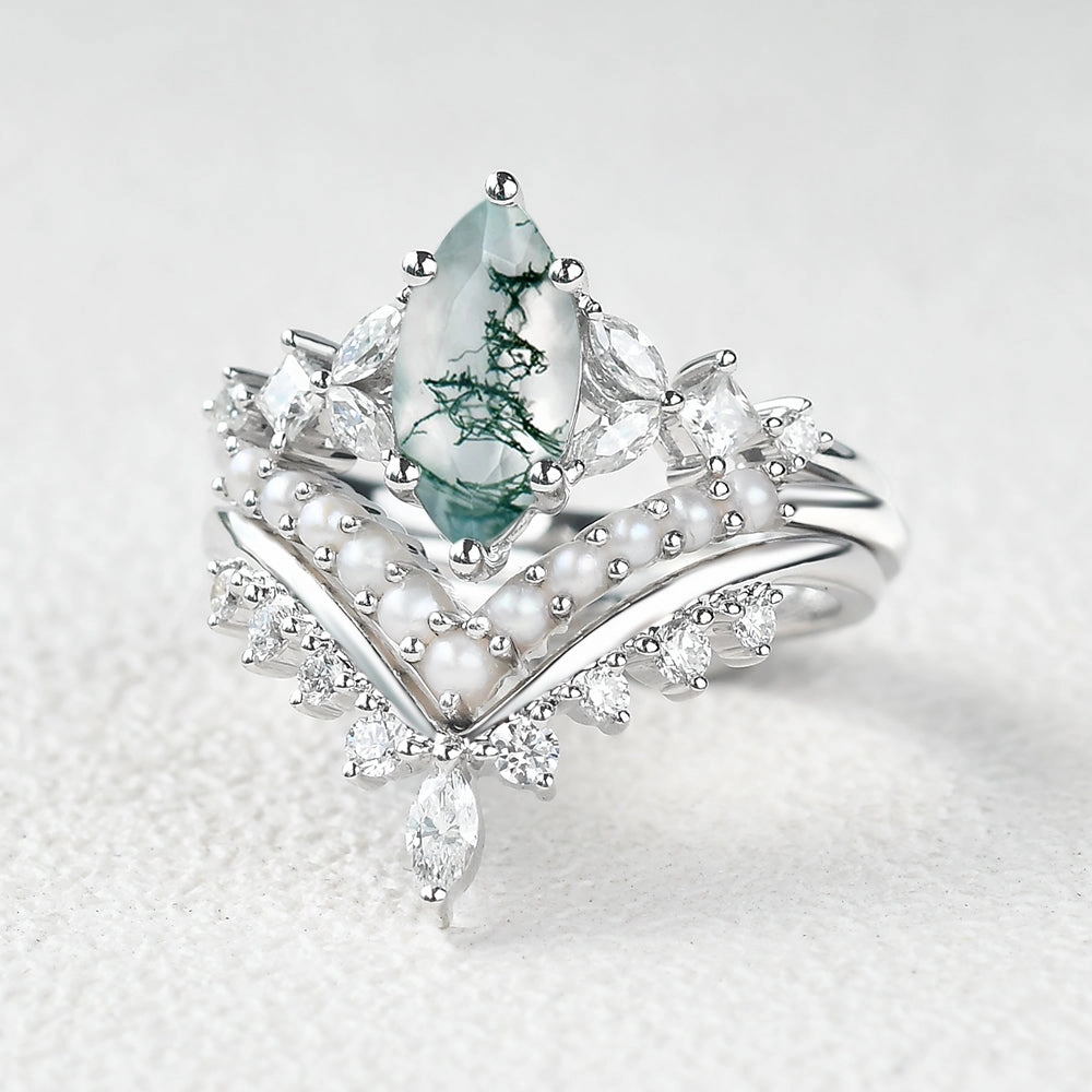 Wedding Gift Marquise Moss Agate Pearl-fect Engagement Ring Set 3pcs