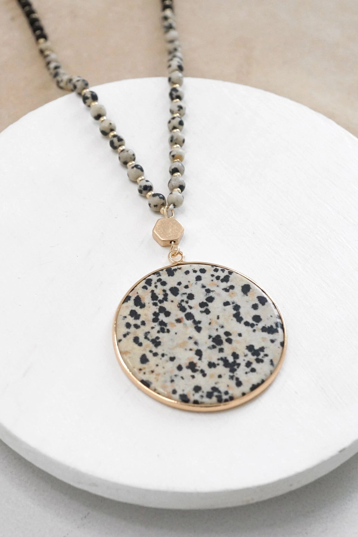 Beaded Necklace with Semi Precious Dalmatian Stone Round Pendant Engagement Gift