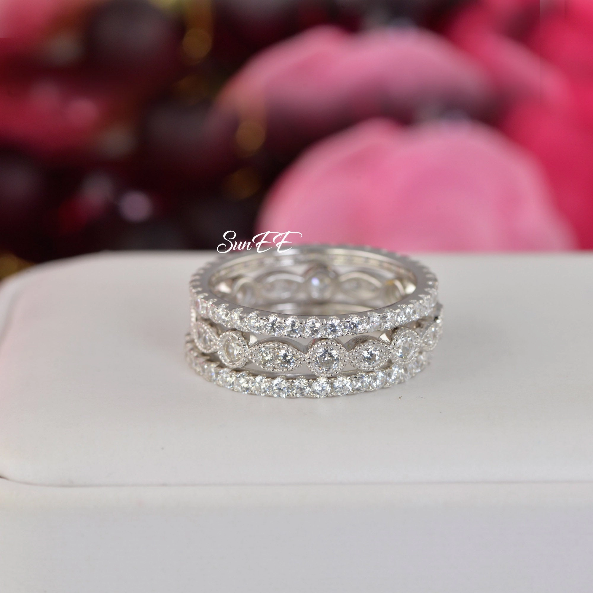 Vintage Gift Chic Accessory 2.14ct Art Deco & 2 Full Eternity Wedding Band Stack Promise Ring Diamond Simulated 925 Sterling Silver Anniversary Ring SKU:00193