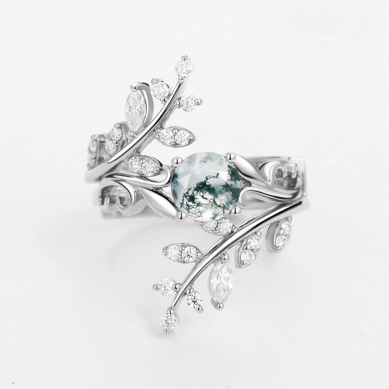 Round Shaped Vine Moss Agate Engagement Ring Sets 2PCS Simple Layer