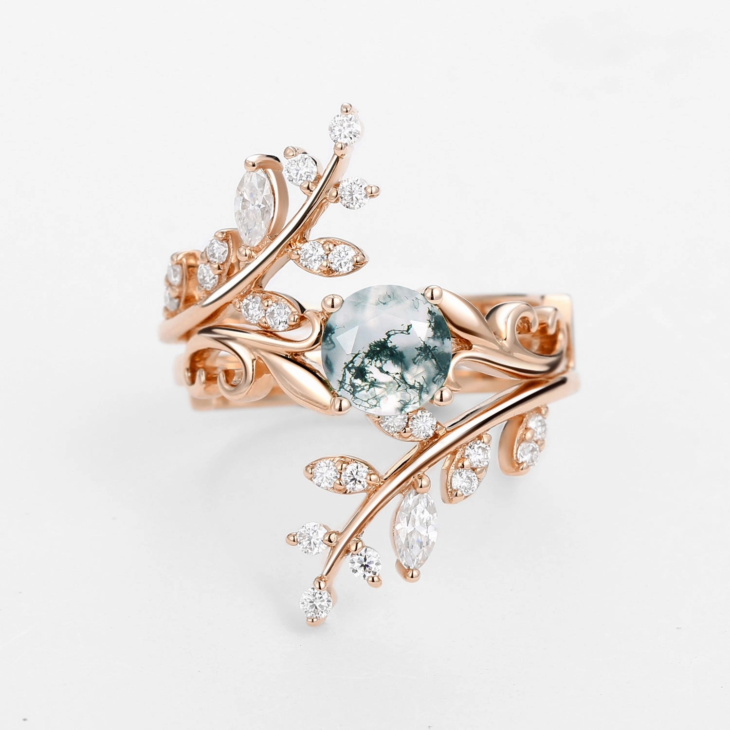 Round Shaped Vine Moss Agate Engagement Ring Sets 2PCS Elegant Shape