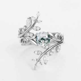 Neutral Spark Round Shaped Vine Moss Agate Engagement Ring Sets 2PCS