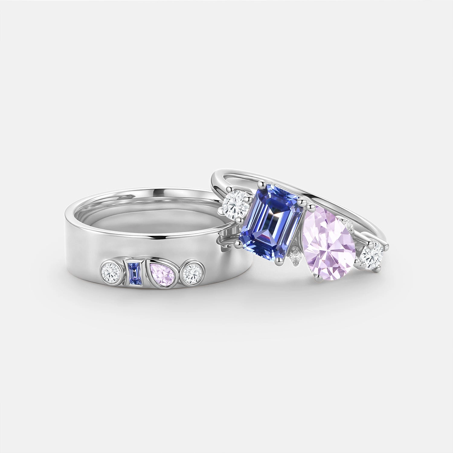 Vibrant Design Toi et Moi Lab Sapphire Couple Ring Set 2pcs - Duet