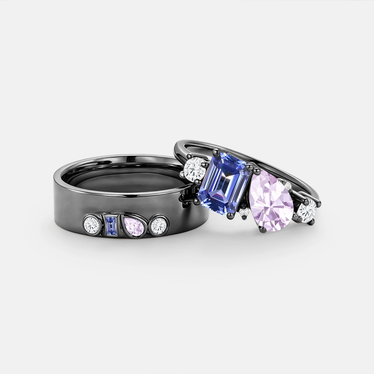 Toi et Moi Lab Sapphire Couple Ring Set 2pcs - Duet Glossy Detail Weekend Outfit