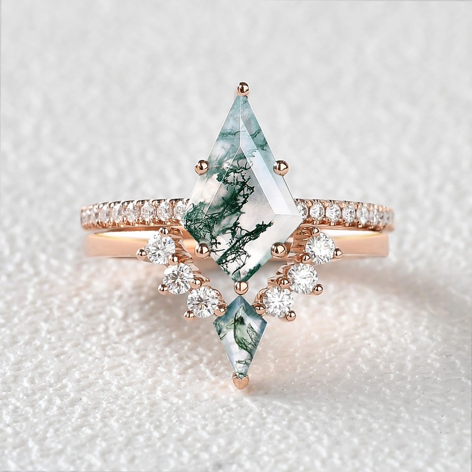 Stylish Twist Twin Flames - Women Unique Kite Moss Agate Engagement Ring Sets 2pcs - Karen