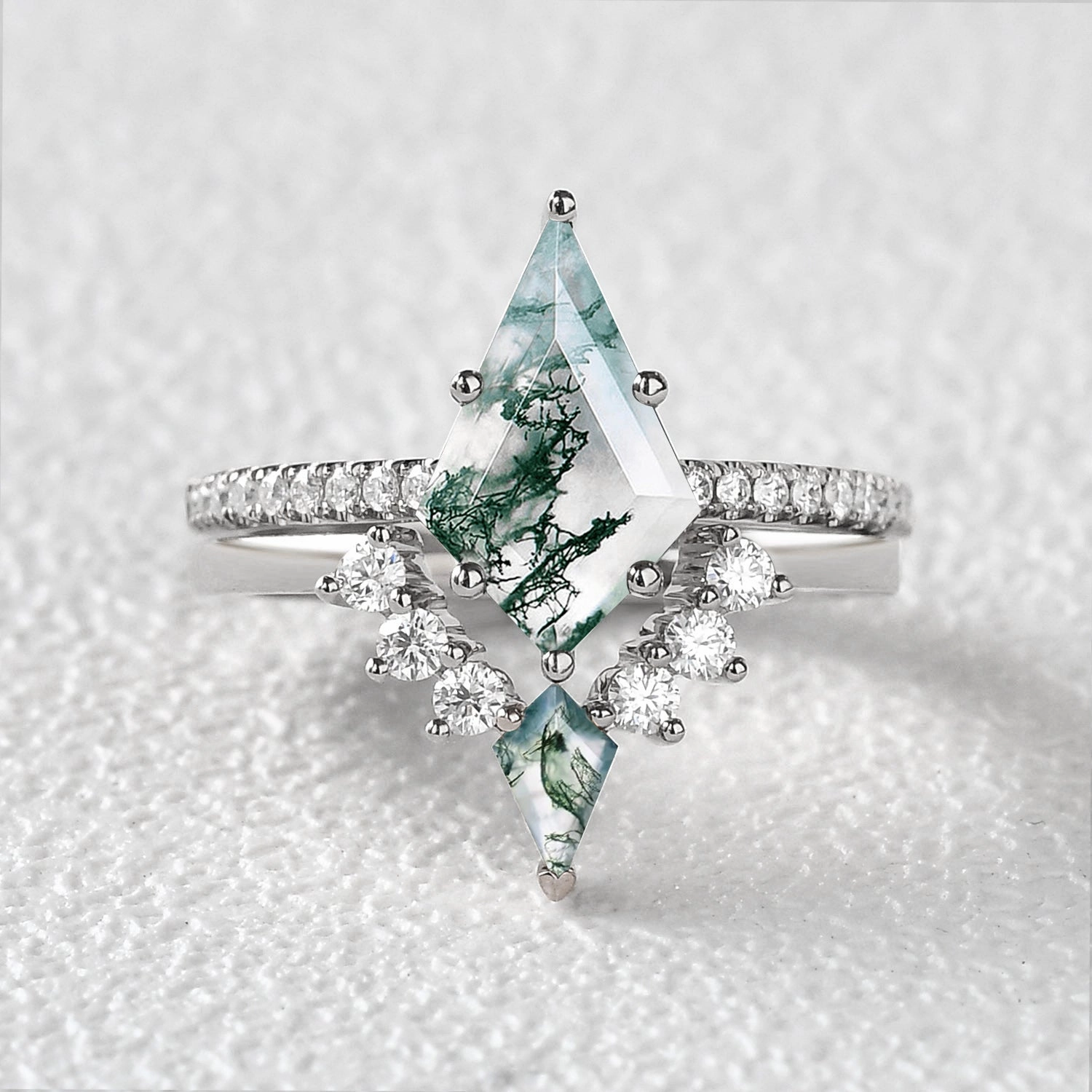 Twin Flames - Women Unique Kite Moss Agate Engagement Ring Sets 2pcs - Karen Finest Style Gloss Edge