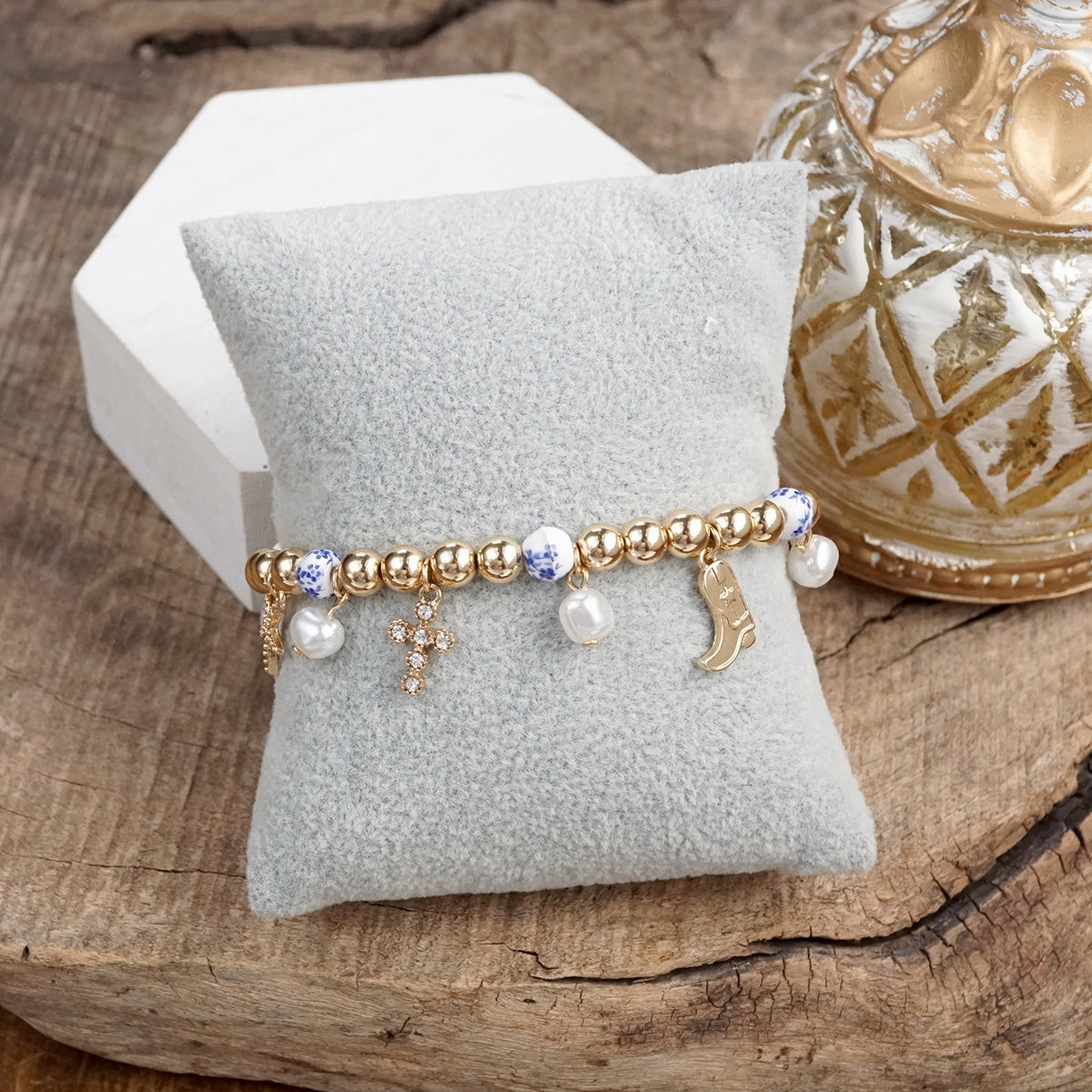 Progressive Style Sunny Combinations Charmed Harmony ?C Chinoiserie & Gold Multi-Charm Stretch Bracelet