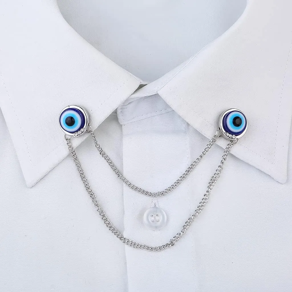 Evil Eye Chain Brooch,Gold Silver Chain Tassel Brooch Pin,Blue Eyes Collar Coat Pin for Men's Suits Shirt Pin,Tassel Collar Buckle Pin