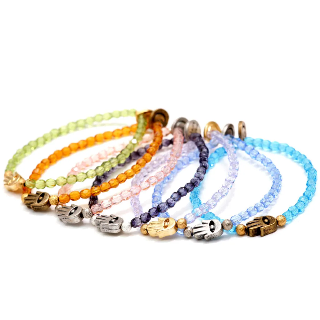 Evil Eye Hamsa Hand Charm Faceted Glass Bead Bracelet